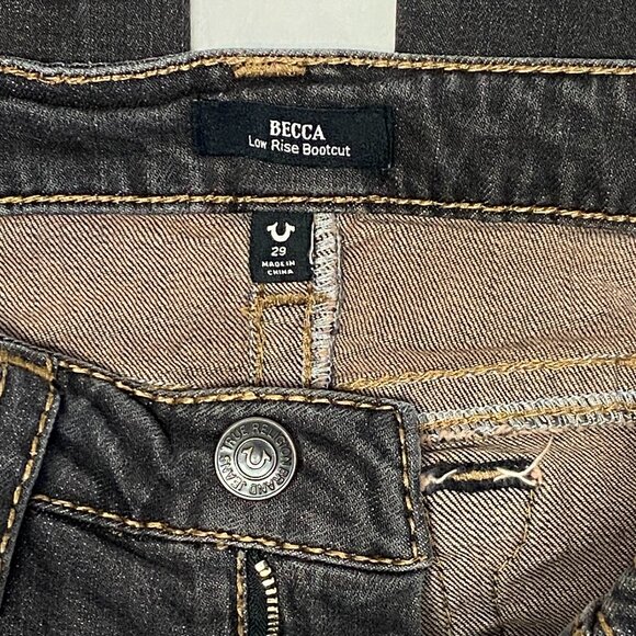 True Religion Becca Big T Bootcut Jeans Black 29 Low Rise Raw Hem Distress Faded - Picture 11 of 13